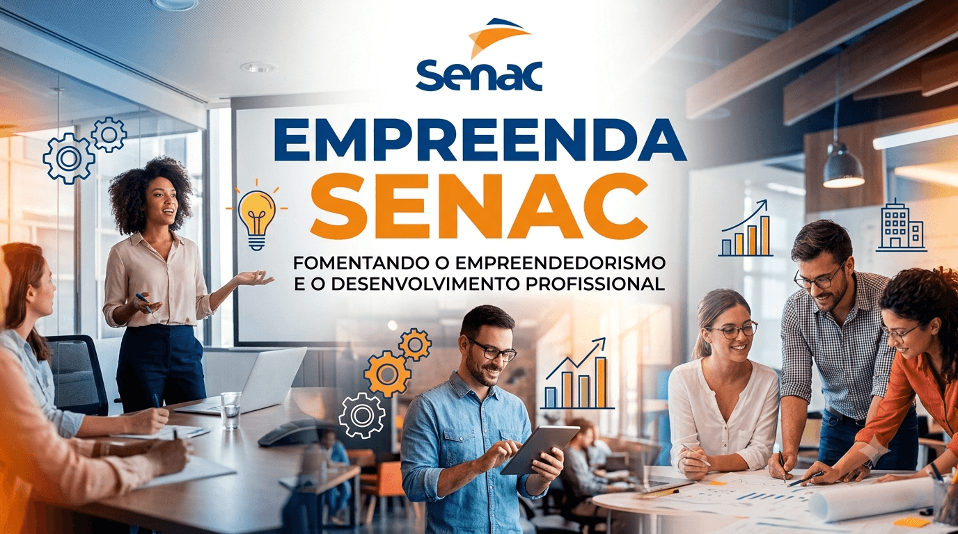 A imagem exibe três cenas de pessoas em ambientes corporativos: uma mulher conduzindo uma apresentação à esquerda, um homem usando um tablet ao centro, e uma equipe de três pessoas